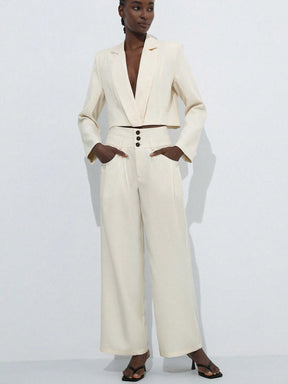 Aveloria Modichic Conjunto de blazer curto e calça solta de escritório casual retrô de toque de chiffon