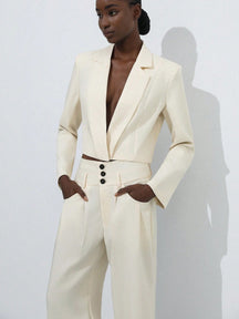 Aveloria Modichic Conjunto de blazer curto e calça solta de escritório casual retrô de toque de chiffon