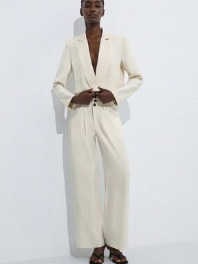 Aveloria Modichic Conjunto de blazer curto e calça solta de escritório casual retrô de toque de chiffon
