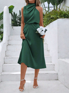 Sólido Gola Assimétrica Cetim Vestido