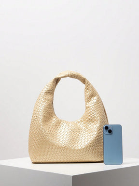 Bolsa de Ombro com Textura Tecida Vintage, Bolsa de Couro PU Macio, Bolsa Tote para Uso Diário, Bolsa em Formato de Lua, Bolsa de Alça com Zíper, Carteira Simples e Versátil para Mulheres (Padrão Aleatório)