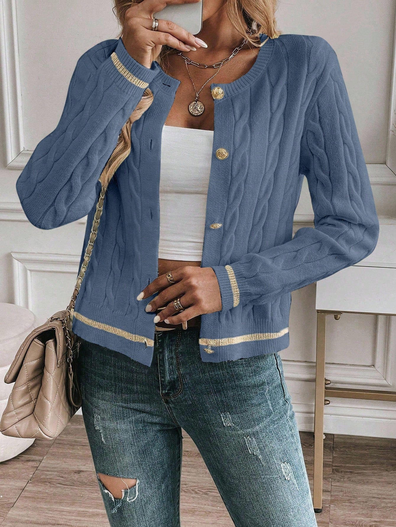 EMERY ROSE Cardigan Casual Versátil Feminino com Listras Colorblock