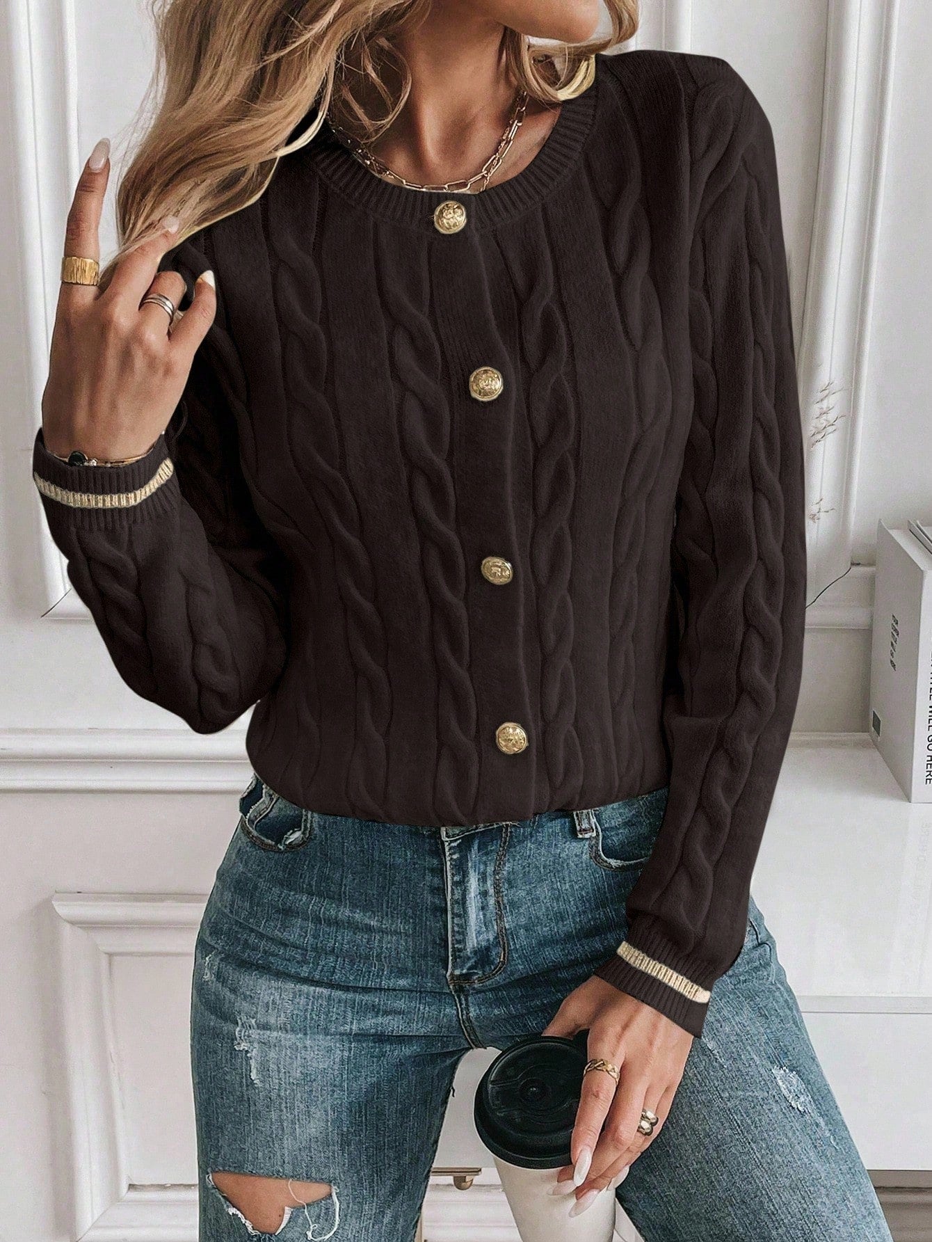 EMERY ROSE Cardigan Casual Versátil Feminino com Listras Colorblock