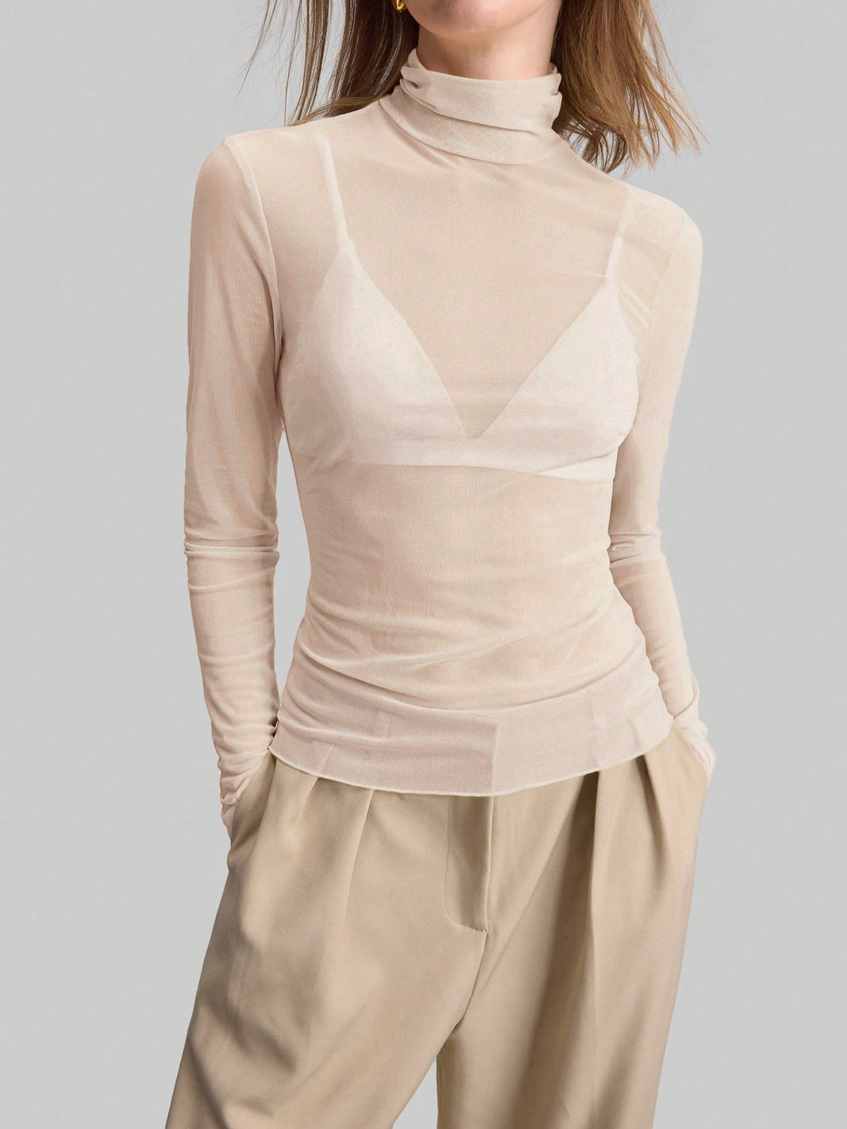 Ontre Top de Manga Longa com Gola Alta em Tule Transparente Feminina, Casaco Casual Urbano para Escritório, Traje Elegante para Ação de Graças, Natal, Festa de Ano Novo, Convidado de Casamento