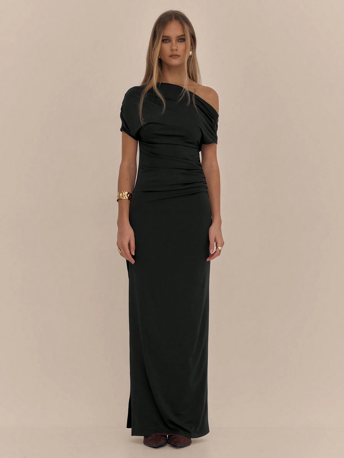 Vestido Cairo - Vestido Longo Assimétrico com Fenda e Drapeado - Menta Chic