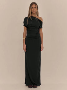 Vestido Cairo - Vestido Longo Assimétrico com Fenda e Drapeado - Menta Chic