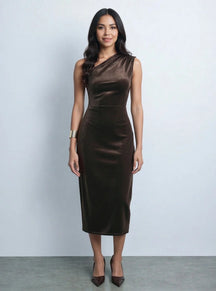 Vestido Bordeaux Midi de Veludo com Alça Única Menta Chic