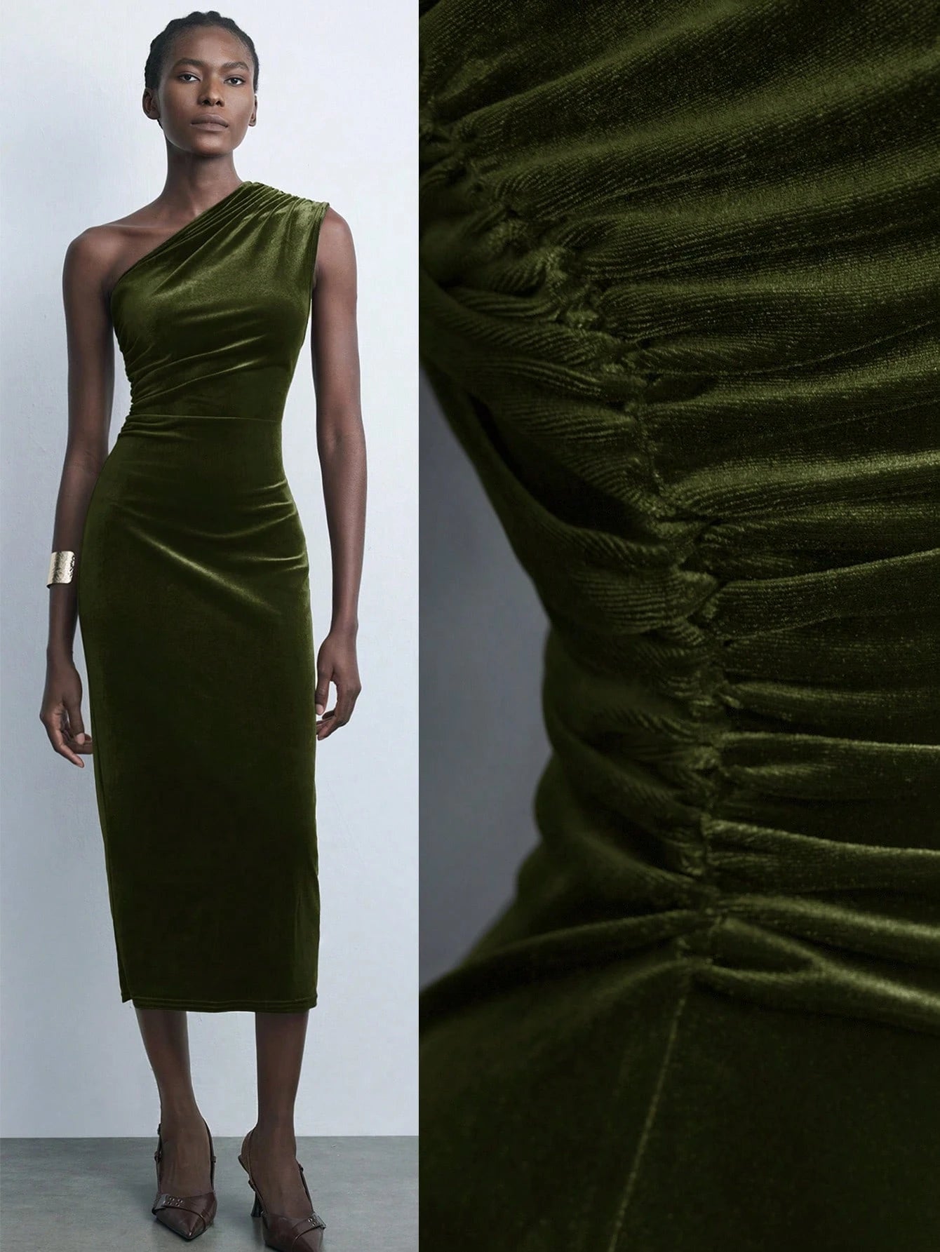 Vestido Bordeaux Midi de Veludo com Alça Única Menta Chic