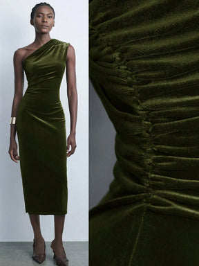 Vestido Bordeaux Midi de Veludo com Alça Única Menta Chic