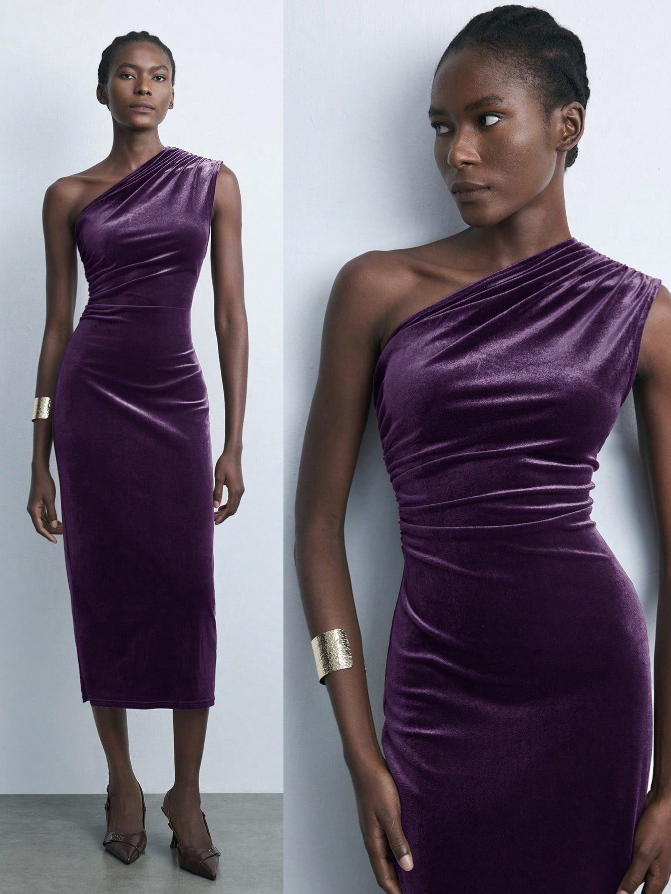 Vestido Bordeaux Midi de Veludo com Alça Única Menta Chic