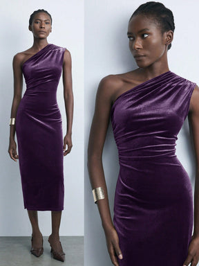 Vestido Bordeaux Midi de Veludo com Alça Única Menta Chic