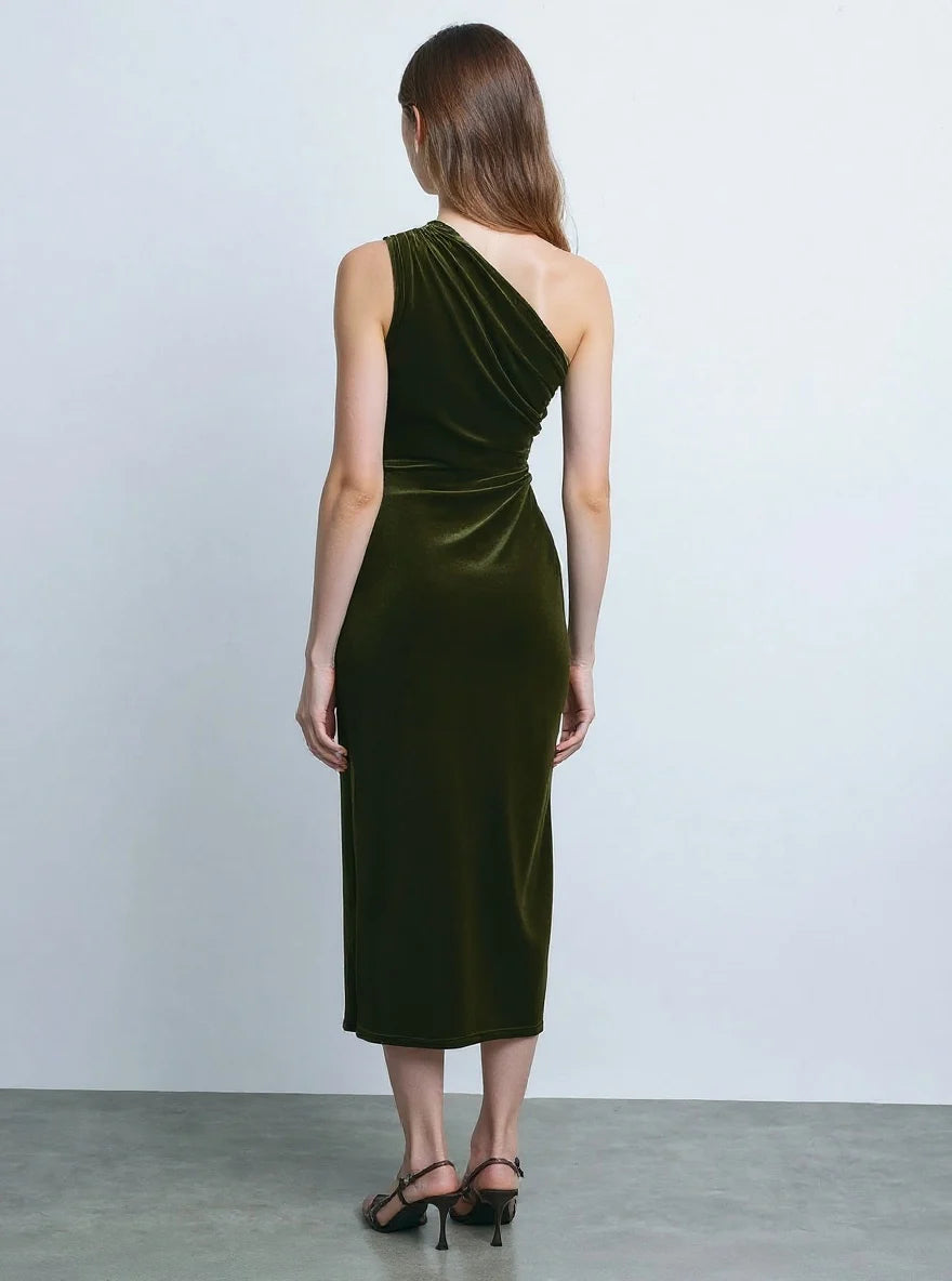 Vestido Bordeaux Midi de Veludo com Alça Única Menta Chic