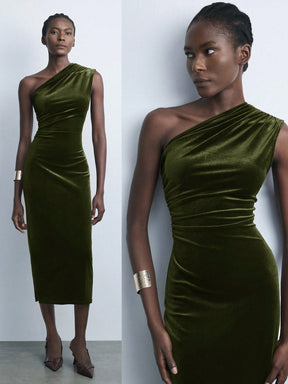 Vestido Bordeaux Midi de Veludo com Alça Única Menta Chic
