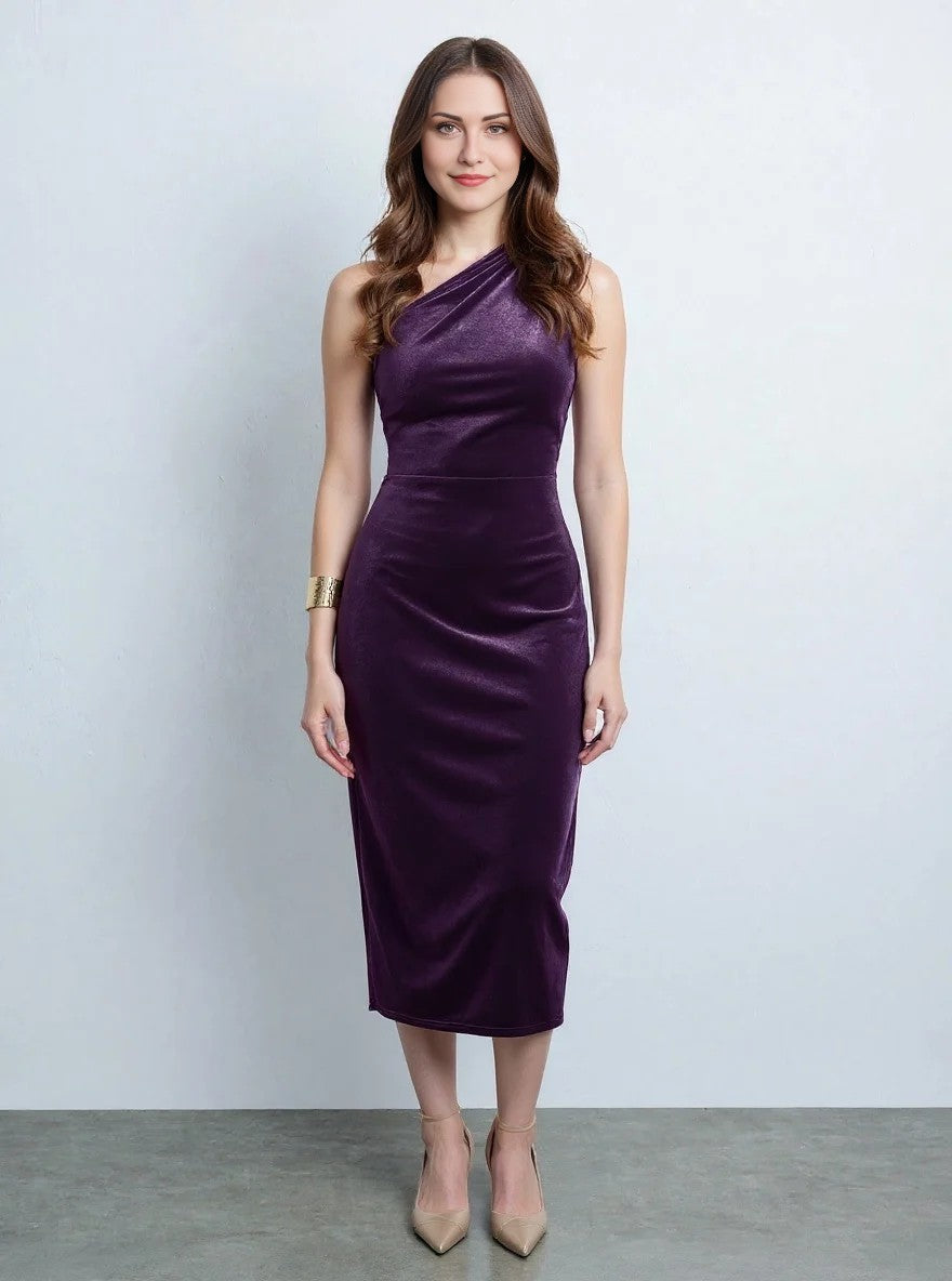 Vestido Bordeaux Midi de Veludo com Alça Única Menta Chic