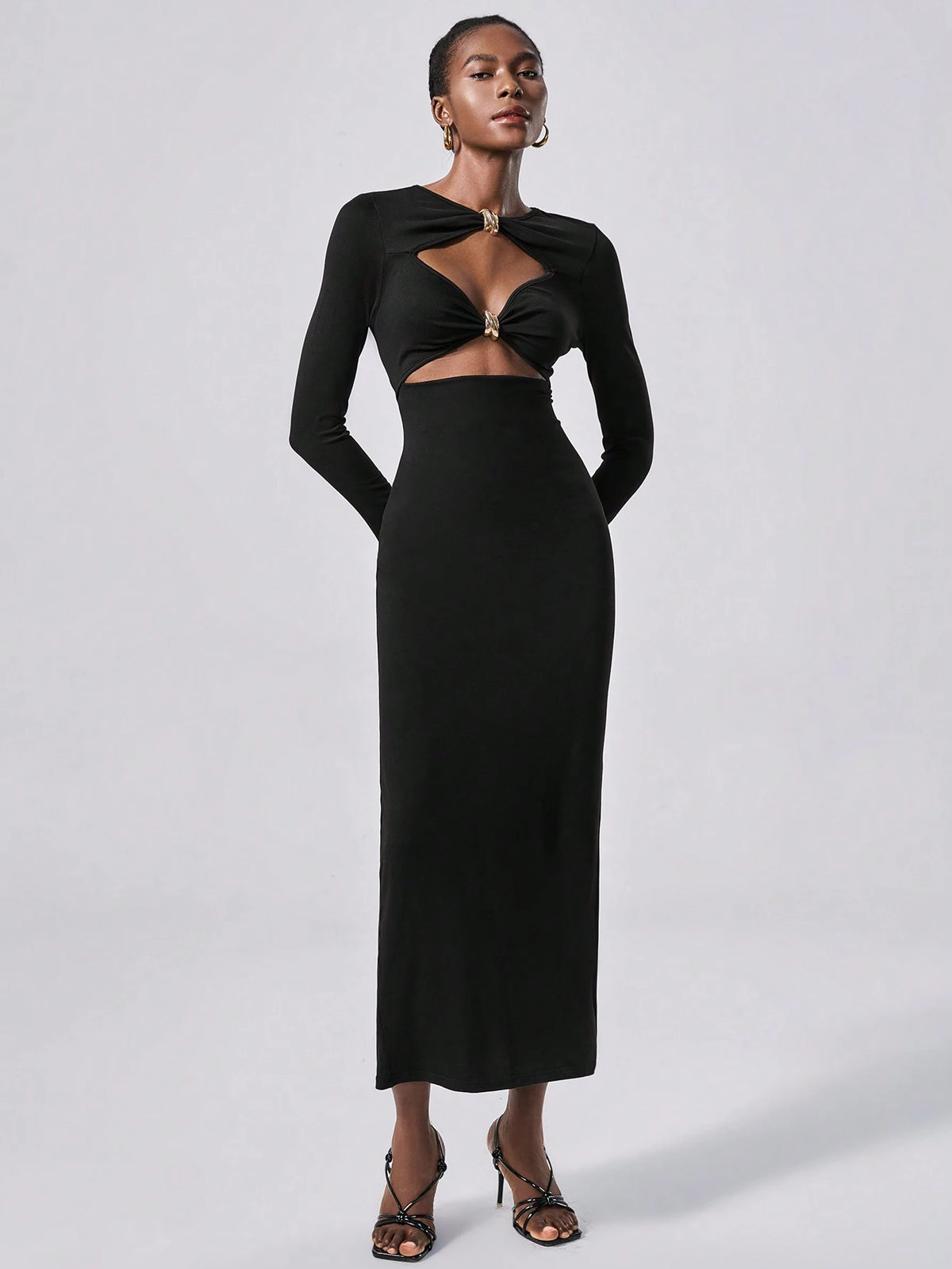 Lumivelle Vestido Longo Elegante de Malha Bodycon com Decoração Metálica para Mulheres, Vestimenta para Festa e Noite, Outono/Inverno