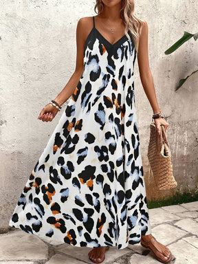 Vestido longo estampado de alças finas, modelagem ampla e tecido leve, ideal para looks casuais de verão Zanzibar Menta Chic  