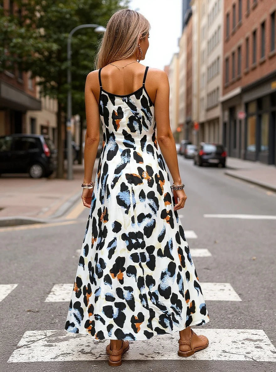 Vestido longo estampado de alças finas, modelagem ampla e tecido leve, ideal para looks casuais de verão Zanzibar Menta Chic  